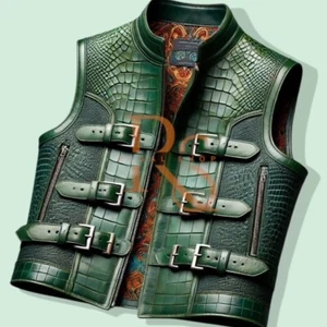 Men's Green Leather Vest Crocodile Print Style Vest Genuine Soft Leather Vest - Picture 1 of 2