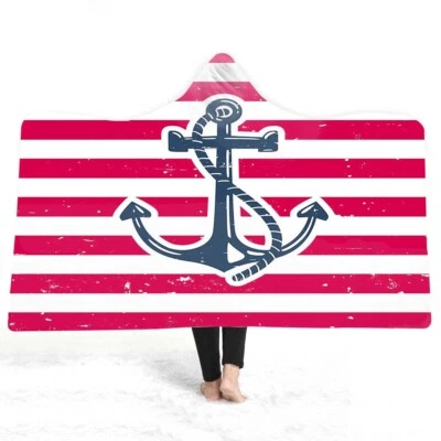 Nautical Anchors Rudder Ship Striped Warm Fleece Hooded Blanket Sofa Throw Gift - Image 1 of 4