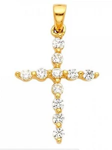   14K Solid Gold Cross Religious Pendant Kim Kardashian Style w Manmade Diamonds - Picture 1 of 4