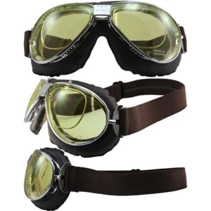 Nannini TT Hand-Sewn 4V Brown Leather Goggles Chrome Frames Yellow Anti-Fog LenS - Picture 1 of 4