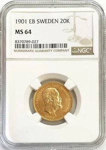 1901 EB GOLD SWEDEN 20 KRONOR COIN OSCAR II NGC MINT STATE 64 - Picture 1 of 2