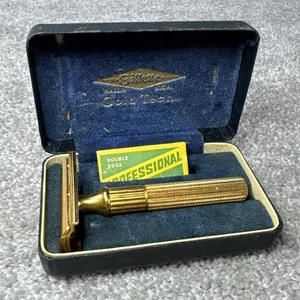 Vintage 1940s Gillette Gold Fat Handle Tech Safety Razor With Case and Blades - Bild 1 von 5
