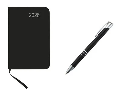 STYLEX SCHREIBWAREN Taschenkalender 2026 / ca A7 / PU Einband / Farbe: schwarz+Metall Kugelschreiber