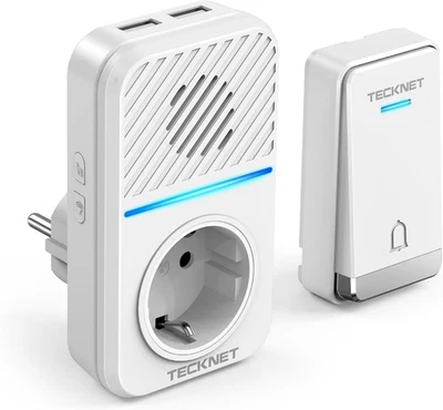 ‎TECKNET Funkklingel batterielos EU Steckdose USB IP65 400m 60 Klingeltöne LED