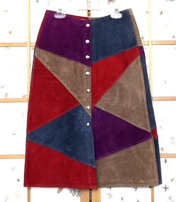 "De colección Años 70 Gamuza Patchwork Colorida Línea A Falda Delantera a Presión Cuero 25"" Cintura Pequeña" Foto 1 de 4