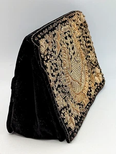 Vintage Zardozi Golddraht handgenäht Stickerei schwarz Samt Clutch Handtasche Indien - Bild 1 von 10