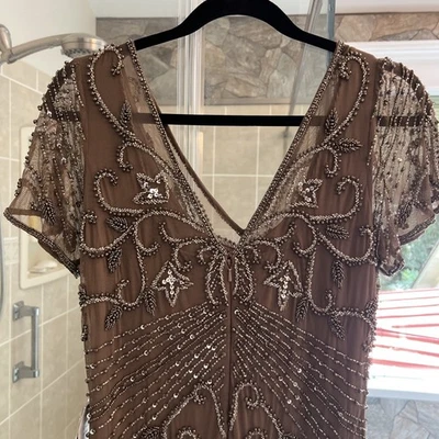 Fancy Cocktail Party Dress Heavily Beaded Taupe Fully Lined Size 10 NWT - Image 1 of 4