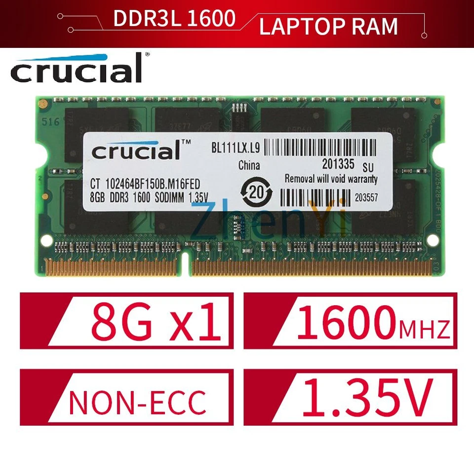 Crucial 8GB 4GB 2G 2Rx8 PC3L-12800S DDR3L 1600MHz 1.35V SO-DIMM Laptop Memory UK - Image 1 of 4