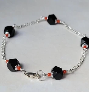 Sterling Silver 925 Genuine Azabache (5mm) y Coral(2mm) Bracelet. - Picture 1 of 11