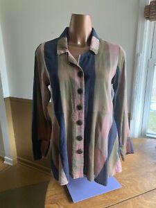 Flax Cotton & Silk Striped Button Down Blouse Shirt Top Size Small