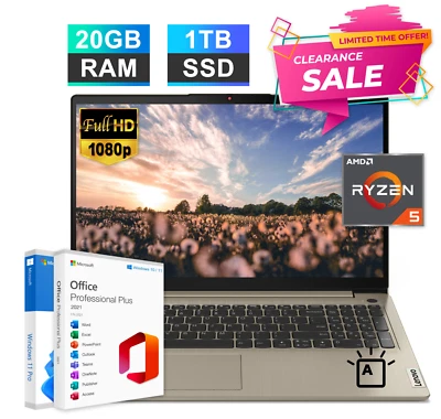 Lenovo IdeaPad Laptop 15.6" 6-Core Ryzen 5, 20GB RAM 1TB SSD Backlit Win 11 Pro - Image 1 of 4