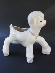 Vintage 10 X 8" Ceramic Planter PRANCING LITTLE LAMB w/ LONG LEGS White + Blue - Picture 1 of 4