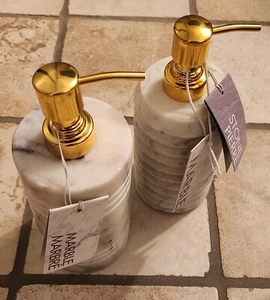 Marble Soap Lotion Dispenser Pump Beige Gold Bathroom Set 2 - Picture 1 of 3