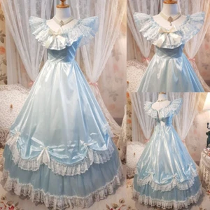 Vintage Wedding Dresses Light Blue Satin Medieval Scoop Neck Tulle Bridal Gowns - Picture 1 of 11