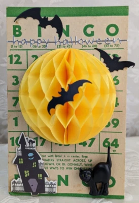 HALLOWEEN Decor on Vintage Bingo Card HONEYCOMB MOON - Image 1 of 4