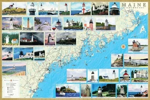 Maine Lighthouses Illustrated Map Poster 24x36 Laminated No Glare - Picture 1 of 8