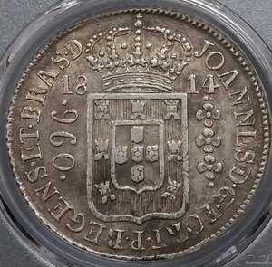 Moneda Mundial América del Sur 1814 R Brasil Gran Corona Plata 960 Reis AU 50 PCGS  - Imagen 1 de 12