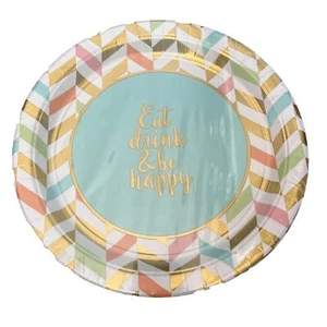 Party Plates Confetti 10 1/2in 8 Ct Eat Drink & Be Happy Birthday NEW Chevron - Picture 1 of 4
