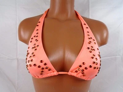 Top de bikini halter con tachuelas de estrás coral Sauvage artículo pequeño #3120L Foto 1 de 3