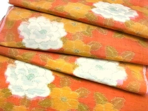 b029_Unused Japanese Kimono Fabric_Silk,Light Honey,Flower,Chirimen,By the Meter - Picture 1 of 10