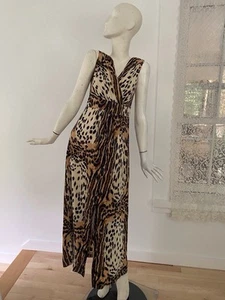 VTG Leopard Maxi Dress 60s 70s Cheetah Animal Print Glam Punk Mob Wife Cat Wrap - Picture 1 of 16