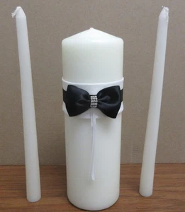 White Simple Elegance Black Bow Wedding Unity Candle and Taper Set - Picture 1 of 1