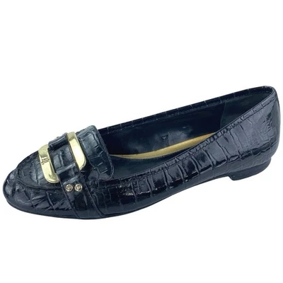 Ralph Lauren Para Mujer Negro Dorado Logo Croc Cuero Cadena Sin Cordones Mocasines Zapatos 6M Foto 1 de 4