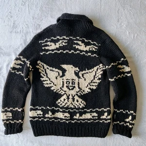 Thunderbird Whale Eagle Cowichan Wool Sweater Hand Knit Heavyweight VTG 70s Zip - Picture 1 of 17