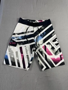 Billabong Board Shorts 32 Black White Pink Blue Tropical Striped Surf Swim EUC - Picture 1 of 7