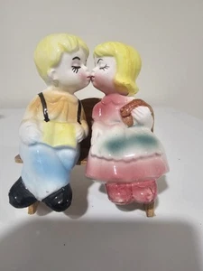 Vintage Kissing Boy & Girl On Bench Salt and Pepper Shakers 4" Japan - Picture 1 of 6