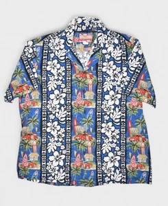 RJC Hawaiian Shirt Mens XL Blue Floral Cotton Beach Car Surf Striped USA Made - Picture 1 of 7