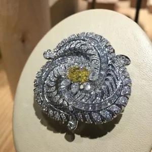 Intense Fancy Yellow Oval Shape with CZ 925 Sterling Silver Floral Leaf Brooch - Picture 1 of 6