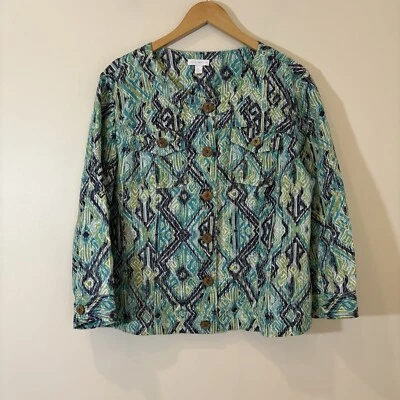 Charter Club Mujer Lino Chamarra XL Estampado Ikat Corta Boho Resort Playa Costera Foto 1 de 4