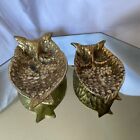 Two VTG Solid Brass Owl Trinket Dish Bowls Paperweights MCM Design Decor