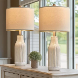 23.75 Inches Modern Ceramic Table Lamp Set of 2 for Living Room, Farmhouse Bedsi - Picture 1 of 12