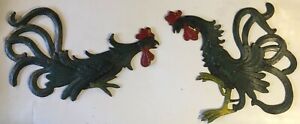 2 Vintage Metal Cast Fighting Black Roosters - Kitchen/Chicken House Decorations