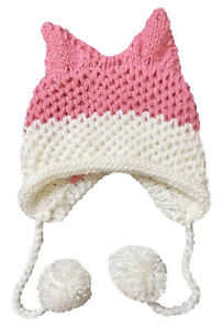 BomHCS Pink White Pompom Fox Ears Beanie Handmade Dogs Ears Caps Knitted Hat