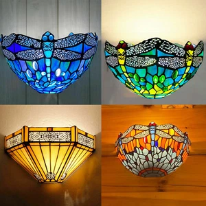 Tiffany Style Multicolor Wall Light Sconce 12" Uplighter Shade Stained Glass E27 - Picture 1 of 54