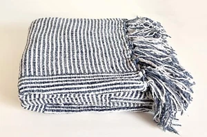 Navy Blue Chenille Woven Striped Throw Blanket with Fringe – 50" x 60" - Picture 1 of 5