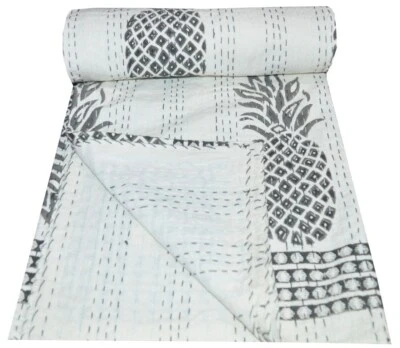 Indian Handmade Pineapple Print Kantha Quilt Bedspread Reversible Blanket Throw