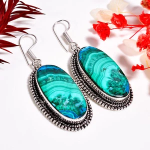 Malachite Chrysocolla Stone Vintage Handmade 925 Silver Earrings 2.2" GSR-10159 - Picture 1 of 2