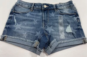 SO AMERICANA MID-RISE STRETCH DENIM SHORTIE W/ STARS AND RAW CUFFED HEM - Picture 1 of 4