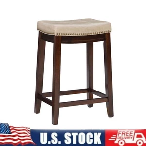 26 in Backless Counter Stool Dark Brown W/ Beige Faux Leather Supports 275 Ibs - Picture 1 of 8
