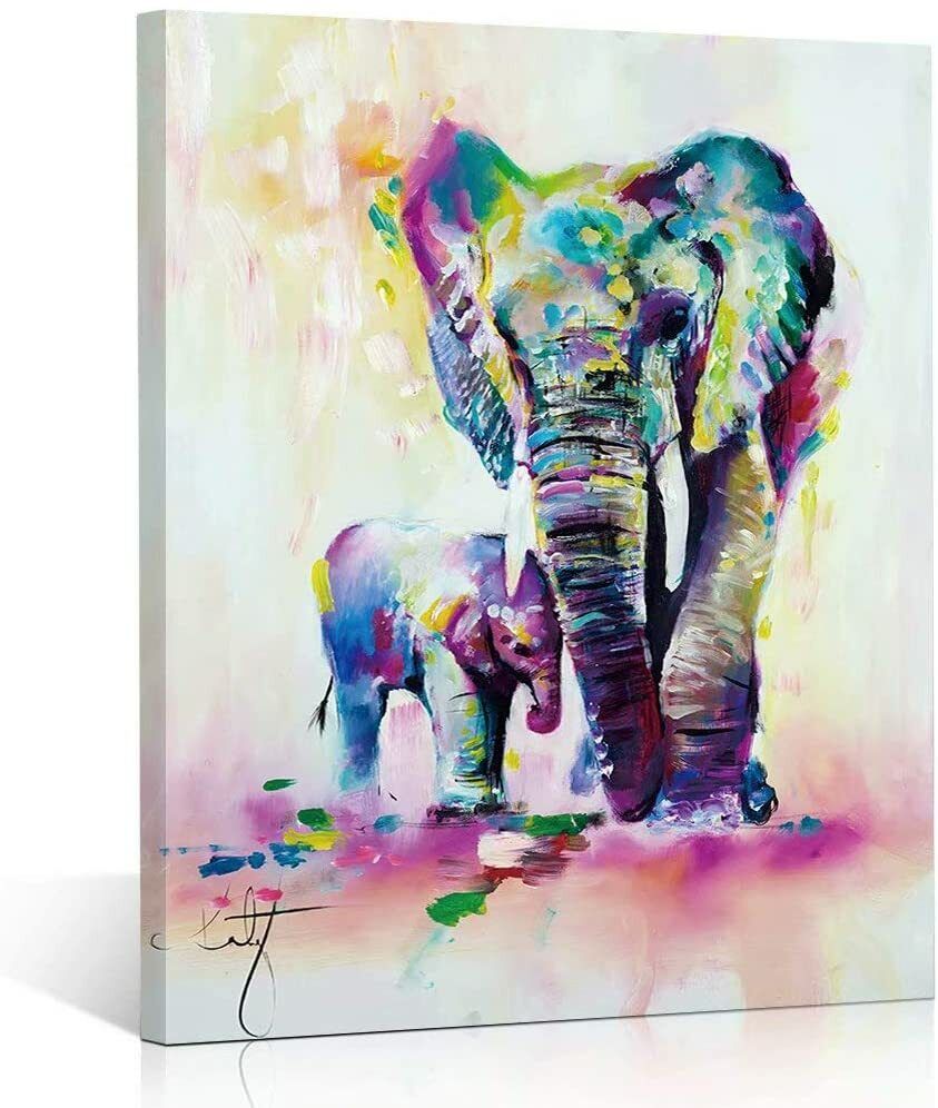Wall Art Canvas Elephant & Baby Elephant Watercolor For Bedroom Living Room Deco