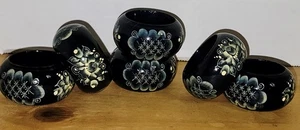 VTG Lot of 6 Hand Painted Wooden Napkin Rings Dark Blue Cream Lacquer Russian - Picture 1 of 5
