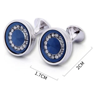 Mens Cuff Links 1 Pair On Suit Shirt Cuff Buttons Blue Rhinestone Jewelry Luxury - Picture 1 of 12