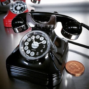 Mini Retro Style Telephone Desk Clock - Black, Die-Cast Collectible, Novelty - Picture 1 of 5