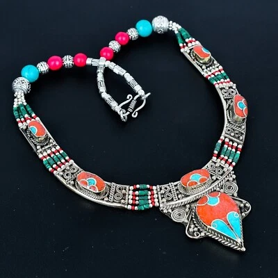 Naturale Corallo E Turchese 925 Argento Sterling Tibetano Collana Gioielli Per - Immagine 1 di 4