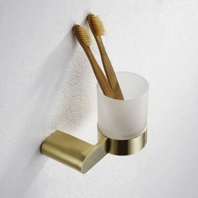 Brushed Gold SUS Bathroom Wall Mounted Single Cup Holder with Glass Toothbrush - Image 1 of 4