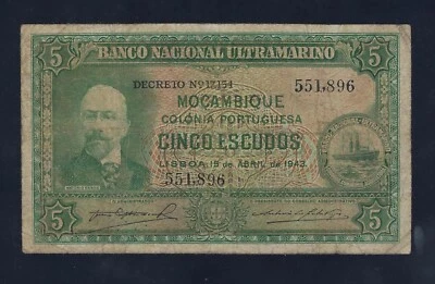 Portugal Mozambique 5 Escudos 1943 P-89 FINE KEY DATE - Image 1 of 2